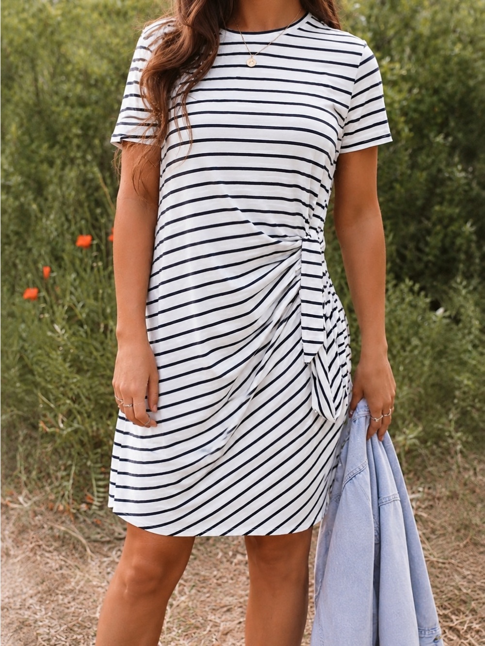 bohme Maci White and Navy Blue Striped Tie-Waist Knee Length T-Shirt Dress